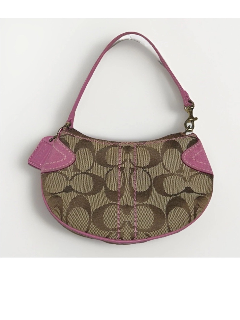 Coach Soho Hobo Mini Wristlet, Signature Brown/Beige Canvas, Pink Suede Trim,